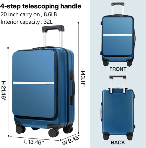 Vista 2 de Hanke equipaje de mano, Azul Patchwork, carry on 20-Inch, Equipaje de mano mejorado con bolsillo frontal para laptop de 15.6 pulgadas