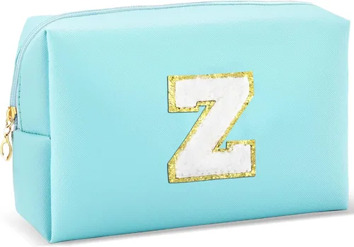 Vista 24 de URSKYTOUS Regalos para niñas, bolsa de maquillaje con inicial, bolsa de cosméticos personalizada con cremallera, bonita bolsa de aseo de viaje, Azul