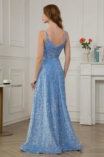 Vista 2 de Tianzhihe Vestidos de fiesta con tirantes delgados, vestidos de fiesta largos con lentejuelas, vestidos de fiesta formales brillantes acampanados