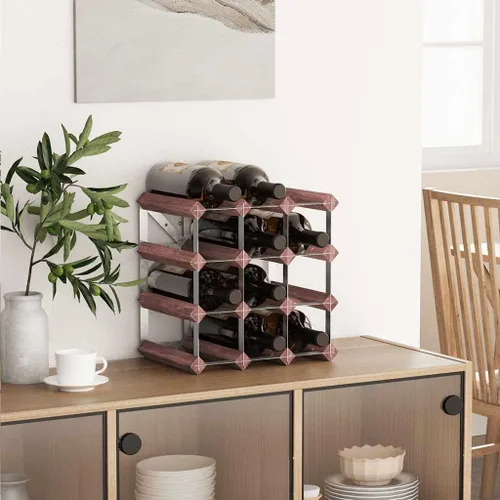 Vista 3 de 4 Tier Rustic Wine Rack for 12 Bottles, Brown Solid Pine Wood with Galvanized Steel Frame