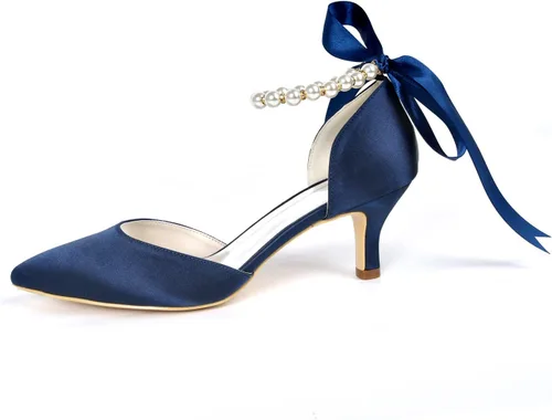 Vista 4 de Pointed Toe Pearl Satin Wedding Shoes for Bride Low Heel Bridal Shoes for Women Satin Heels Prom Party Shoes 1608-28