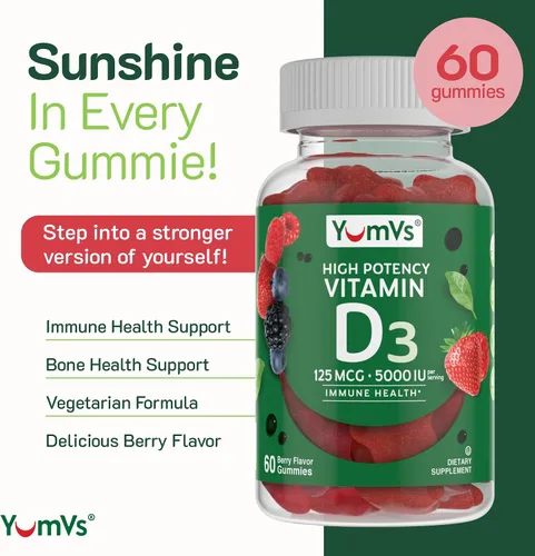 Vista 3 de YUM-V'S Gomitas de vitamina D3 de 5000 UI 125mcg D3 - Apoya el apoyo inmunológico, fuerte salud ósea, sin OMG, sin gluten, sin lácteos, gomitas