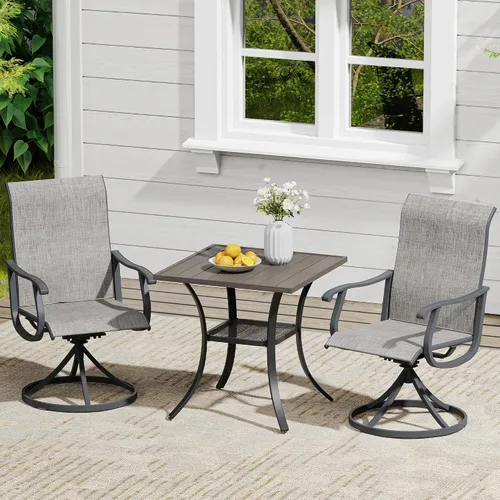 Vista 64 de VICLLAX Muebles pequeños de exterior de 3 piezas, 2 sillas giratorias de patio y mesa redonda pequeña para 2, sillas de carbón oscuro y negro