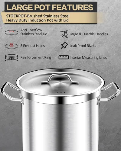 Vista 4 de STOCKPOT Olla de sopa de 20 cuartos de galón con tapa, olla de acero inoxidable, olla de cocina resistente para sopa, pasta, guiso, apta