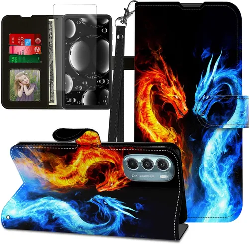 Vista 102 de Funda para Motorola Edge 2022 con protector de pantalla, soporte y tarjetero y correa para la muñeca, funda magnética para Moto Edge 2022 5G UW Lobo