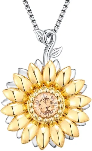 Vista 8 de Collar con colgante de girasol giratorio dorado para mujer, plata de ley S925 You Are My Sunshine Jewelry con circonita cúbica 5A