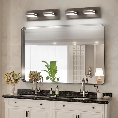 Vista 5 de SineRise Moderna lámpara LED para tocador de baño (2 luces, 15.5 pulgadas, regulable), madera marrón, pintada de acrílico, moderna lámpara de pared