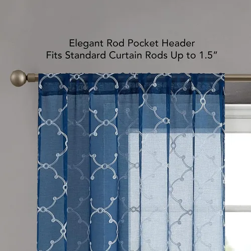 Vista 3 de Creative Home Ideas Cortinas transparentes (2 paneles, 38 x 63 pulgadas, azul), paneles de cortina geométricos bordados con alzapaños, cortinas