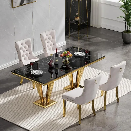 Vista 2 de HomVent - Juego de mesa de comedor de mármol sintético de 68 pulgadas con 4 sillas de terciopelo para cocina Modern Rectangular Faux Marble