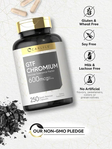 Vista 5 de Carlyle Suplemento de cromo GTF 600 mcg 250 cápsulas Factor de tolerancia a la glucosa Fórmula sin OMG y sin gluten