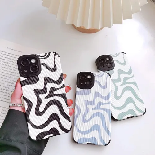 Vista 3 de Funda para iPhone 14 para mujer, diseño de ondas blancas y verdes, delgada, protectora, a prueba de golpes, funda trasera de TPU de piel sintética
