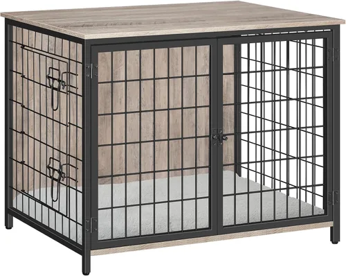 Vista 9 de MAHANCRIS Mueble de jaula para perros con cojín, perrera de madera para perros con puertas dobles, jaula resistente para perros pequeños, medianos