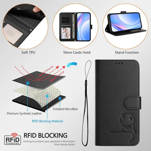 Vista 7 de Funda de cuero compatible con Moto E22i 4G, bonita funda de piel de panda con soporte para tarjetas, correa de muñeca, a prueba de golpes, para Moto