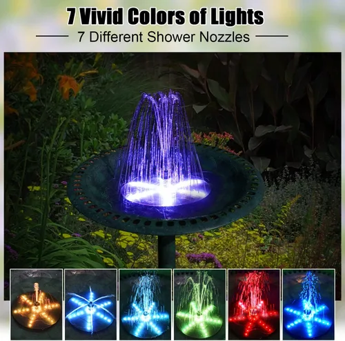 Vista 3 de Fuentes Solares para Baño de Pájaros Mejoradas, Bomba de Fuente de Agua Solar de 4W con Batería de 4000, 7 Boquillas y 4 Fijos, Luces LED Coloridas