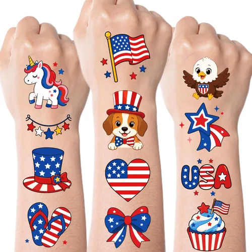 Vista 8 de JCFIRE Decoraciones del 4 de julio, 100 piezas de tatuajes temporales para niños y adultos, decoraciones patrióticas, accesorios del 4 de julio