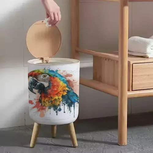 Vista 4 de Bote de basura pequeño con tapa para baño, cocina, oficina, bozal de guacamayo, acuarela, colorido, para dormitorio, basura, cesta de basura a