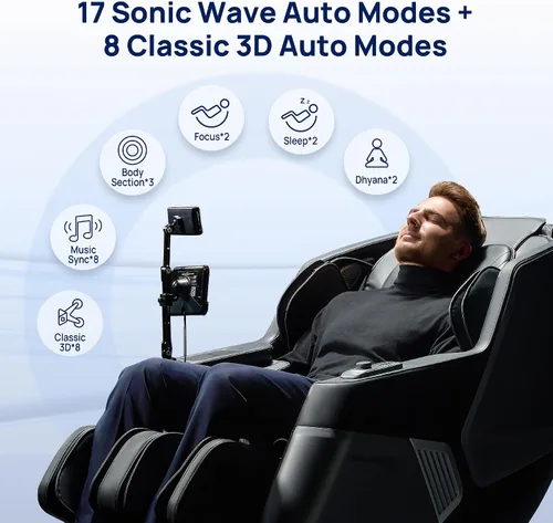 Vista 4 de VAT - Silla de masaje de cuerpo completo VibroAcoustic Sonic Wave, SL-Track Zero Gravity reclinable con 25 modos automáticos, escaneo corporal Negro