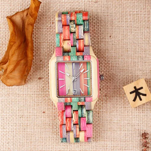 Vista 6 de Tiong Brand Wooden Watches Mens with Handmade Colorful Bamboo Wood Watch Analog Date Quartz Wooden Watch for Men