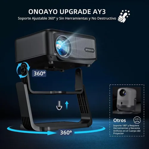 Vista 2 de Proyector Mini con Soporte Ajustable 360° y WiFi y Bluetooth: Enfoque Eléctrico y Corrección Automática de Trapecio 1080P 500 ANSI, Proyector
