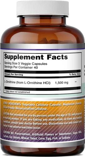 Vista 5 de Amazing Formulas L-Ornitina 1500 mg por porción de cápsulas vegetales suplemento Sin OMG Sin gluten Fabricado en Estados Unidos (120 unidades)