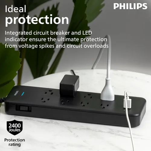Vista 4 de Philips Protector de sobretensiones de 9 salidas con carga USB, cable de extensión trenzado de 6 pies, 1USB-A, 1USB-C, 2400J, espaciado