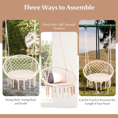 Vista 5 de Tangkula Silla hamaca con cojín, estilo bohemio de macramé con kit de accesorios para colgar y correa, columpio de cuerda colgante para interiores