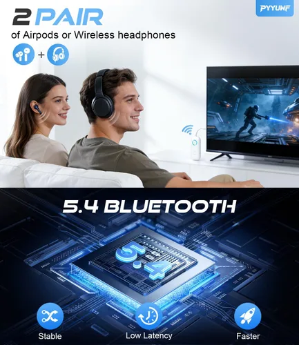 Vista 3 de Bluetooth 5.4 Transmitter Receiver, Wireless Audio Adapter, Airplane Gadgets & Travel Essentials – for 2 Headphones, 20H Battery, aptX Low Latency