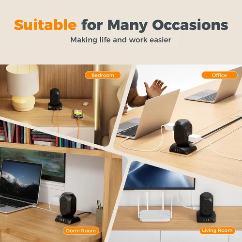 Vista 8 de Protector de sobretensiones negro en torre, TESSAN - Cable de extensión con enchufe plano de 10 pies con 8 salidas de CA y 4 puertos USB (1 USB C)