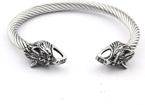 Vista 4 de BAVIPOWER Pulsera de acero inoxidable con cabezas de lobo nórdico Fenrir Odin Raven Dragón Serpiente de acero inoxidable fuerte Pagan Jewelry