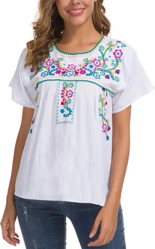 Vista 4 de YZXDORWJ - Blusa mexicana bordada para mujer - Camisa de verano manga corta
