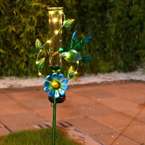 Vista 2 de MUMTOP Medidor de Lluvia para Exteriores, Estaca Decorativa de Colibrí de Metal con Flores, Alimentada por Energía Solar para Césped, Patio y Jardín