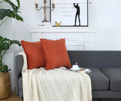 Vista 5 de Juego de 2 fundas de almohada de pana a rayas color naranja quemado