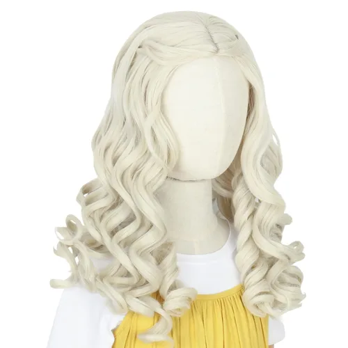 Vista 4 de Koonfan Peluca blanca Queen larga rizada rubia para niños, pelo de princesa para Halloween, disfraz de cosplay