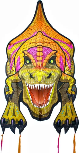 Vista 2 de WindNSun Cometa de dinosaurio T-Rex Ripstop de nailon de gran tamaño, 54 pulgadas de alto, marrón, naranja, dorado, morado