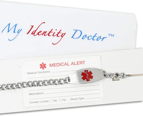 Vista 4 de Pulsera médica de cirugía bariátrica pregrabada y personalizada, rosa, Acero inoxidable