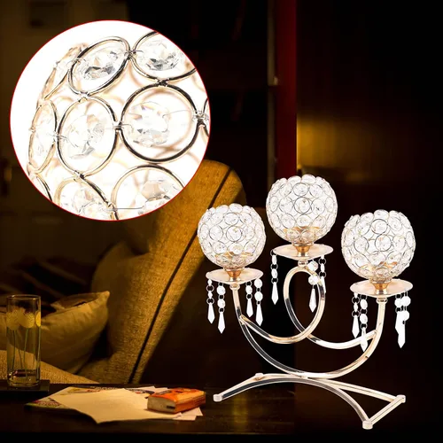 Vista 9 de Portavelas de cristal con 3 brazos, cuenco de cristal dorado, candelabro, centros de mesa para comedor, sala de estar, candelabros, velas de té