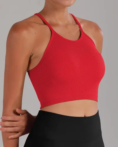 Vista 3 de Sunzel Free to Be - Camiseta sin mangas, acanalada, sin costuras, espalda cruzada, sin relleno, para entrenamiento, gimnasio, yoga