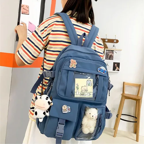 Vista 2 de Mochila Kawaii preciosa mochila pastel para niñas adolescentes, bonita mochila estética para la escuela con pin kawaii y accesorios, Azul 02, 43 *