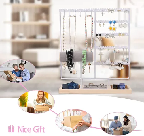 Vista 4 de WONSURE Organizador de joyas, soporte para collares, colgador de aretes colgantes, estante de torre de joyería de 5 niveles, organizador de aretes