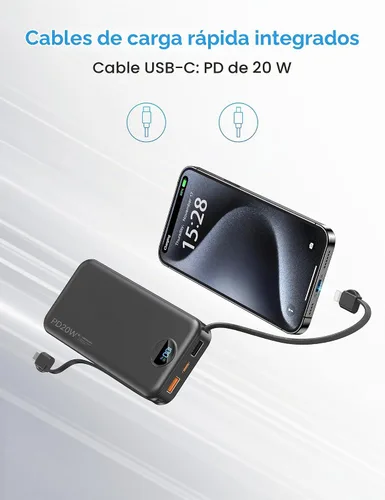 Vista 5 de Ffnpua Cargador portátil Power Bank 10000mAh PD20W con cables incorporados