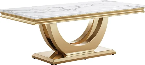 Vista 7 de SSLine Mesa de Centro Rectangular de Mármol Sintético para Sala de Estar, Mesa Central Moderna de Mármol Blanco de Lujo con Base Doble en Forma de U