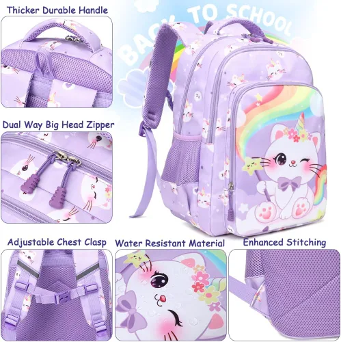 Vista 24 de Juego de mochila para niñas y adolescentes, mochila escolar para niños con bolsa para el almuerzo, estuche para lápices, mochilas escolares
