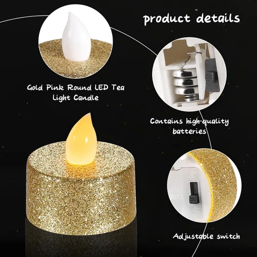 Vista 5 de Mudder 24 Piezas Velas de Té Doradas LED Velas Tealights Sin Llama Votivas Operadas con Batería Velas de Té Eléctricas con Purpurina Tealight
