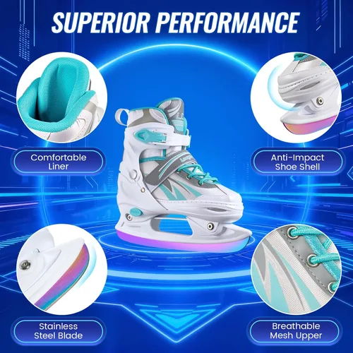 Vista 4 de Patines de hielo ajustables para niños, niñas y niños, 4 tamaños ajustables para principiantes, patines de hockey sobre hielo para jóvenes
