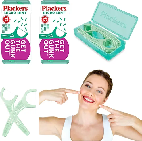 Vista 10 de Plackers Micro Mint - Púas de hilo dental con estuche de viaje, 12 unidades (el color puede variar) Tuffloss sin PTFE, se adapta a dientes
