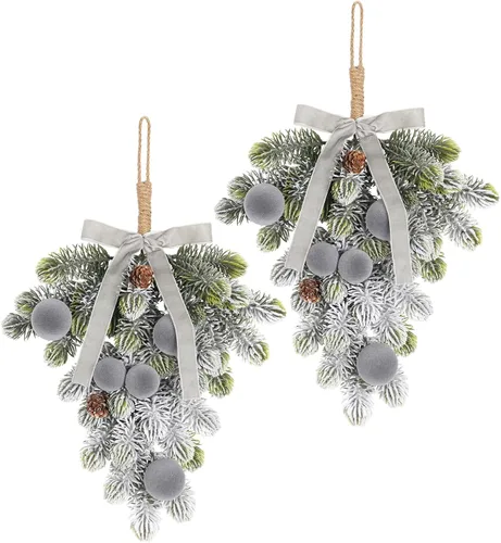 Vista 14 de Super Holiday - Decoraciones de Navidad, 2 piezas de coronas de puerta delantera de plantas verdes artificiales colgantes con lazo