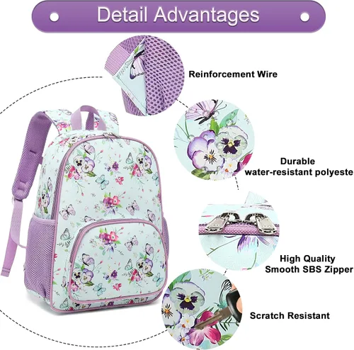 Vista 3 de Mochila escolar para niños y niñas, mochila escolar para preescolar y jardín de infantes, bolsas de guardería, púrpura, ((Butterfly-Purple)