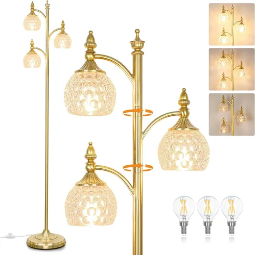 Vista 19 de JUNNAI Lámparas de pie negras para sala de estar, lámparas de pie de 66.5 pulgadas con pantalla de cristal, luces de brillo de 3 vías, lámpara