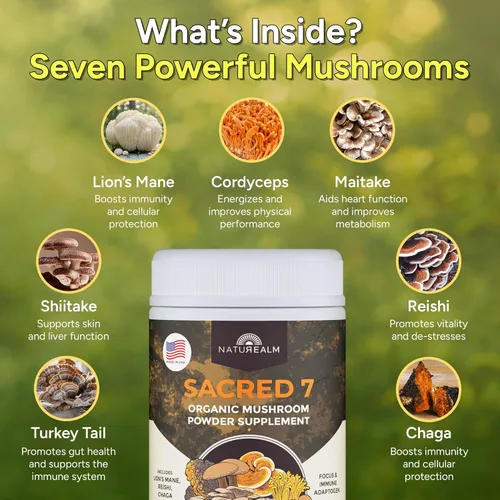 Vista 3 de Naturealm Suplemento en polvo de hongos orgánicos Sacred 7 Suministro para 60 días Mezcla 7 en 1 con melena de león, Reishi, Chaga Apoyo