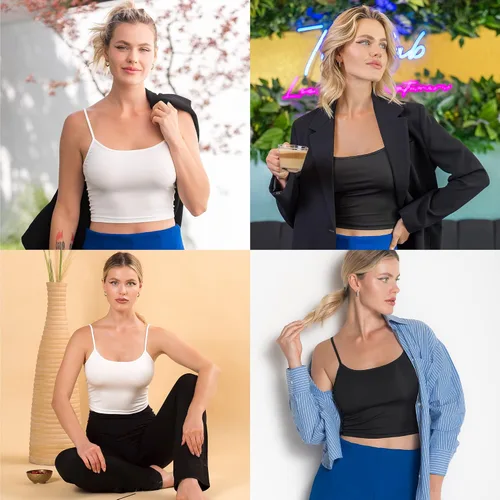 Vista 5 de Camisetas cortas para mujer, largas, blancas, negras, sexy, lindas, de entrenamiento, tirantes delgados, recortadas, de cintura alta, paquete de 2